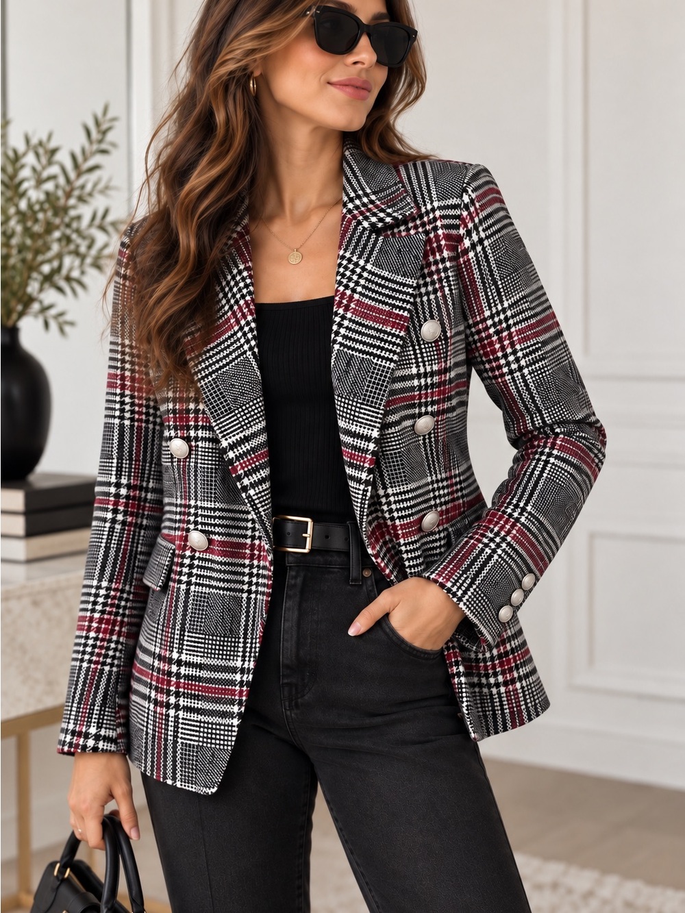 Womens Plaid Double Breasted Blazer Small Jacket Burgundy Houndstooth Bagatelle